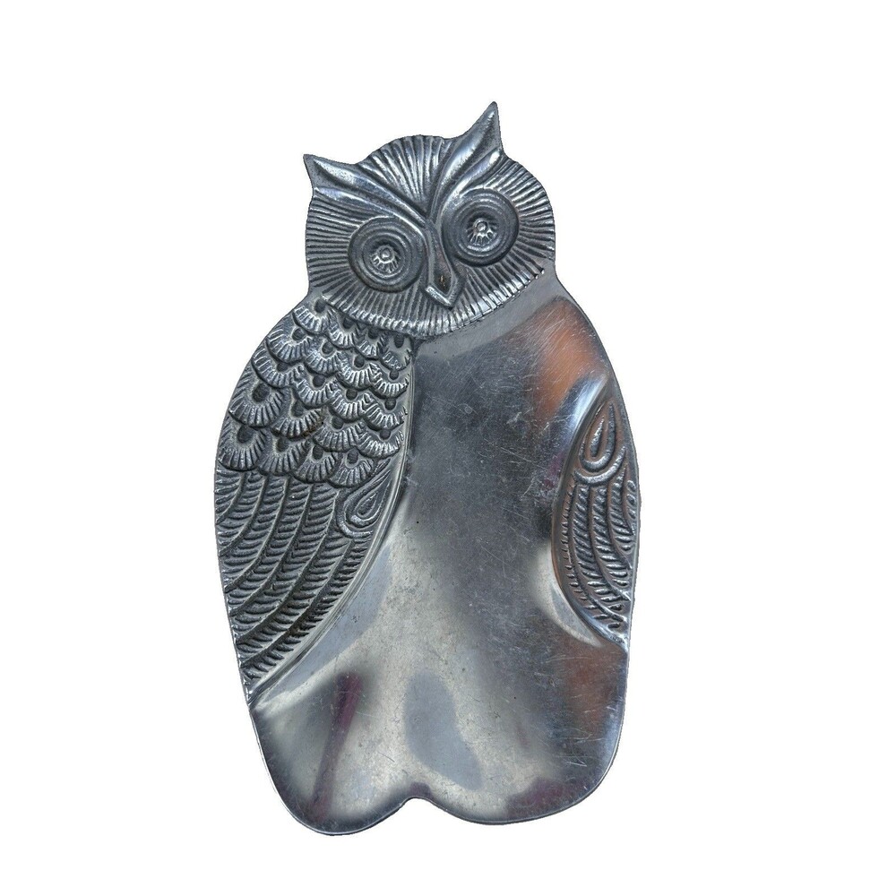 Vintage Style Owl Trinket Dish Silver Tone Metal Catchall MCM Decor Made n India